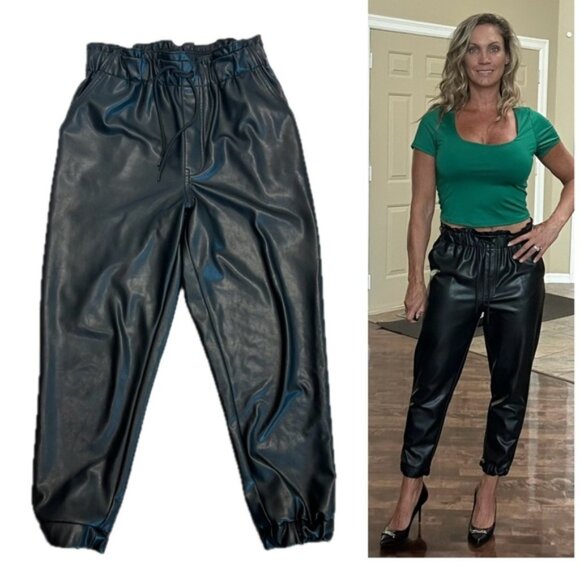 Black Faux Leather Jogger Pants - Picture 1 of 13